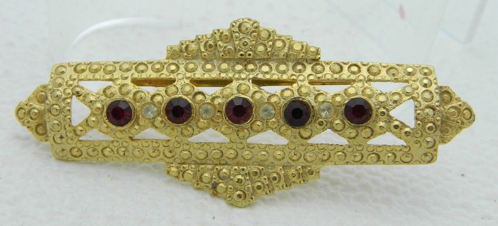 VTG Art Deco Gold Tone Red Clear Rhinestone Faux Marcasite Brooch Pin
