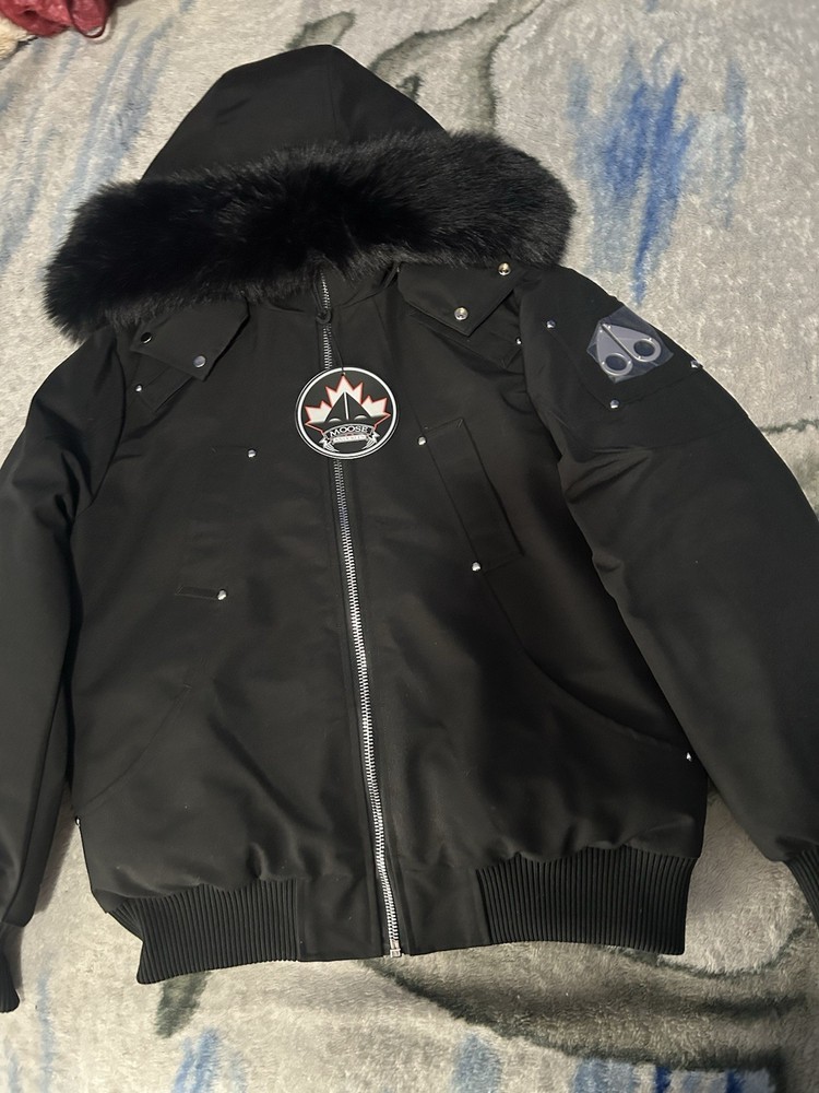 Moose Knuckles Men's Black Down Filled Hooded Bomber Jacket Fur Trim M