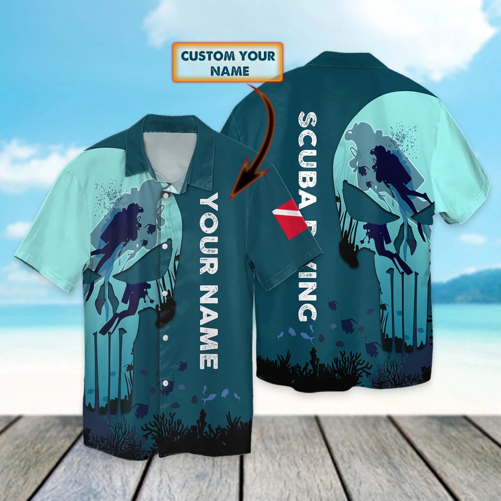 Scuba Diving Hawaii shirt Personalized Name 3D Hawaiian Shirt Hawaii Scuba Div