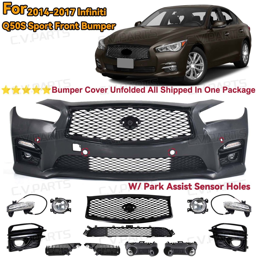 Full Front Bumper Grille Fog Light Bezel For 2014-2017 Infiniti Q50 Q50s Sport