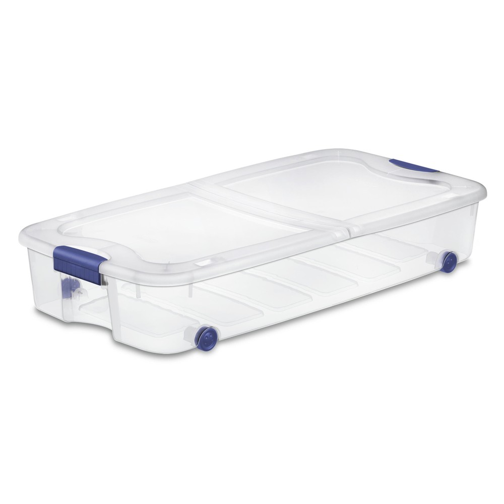 66 Quart Clear Blue Wheeled Underbed Storage Bin with Latch Lid
