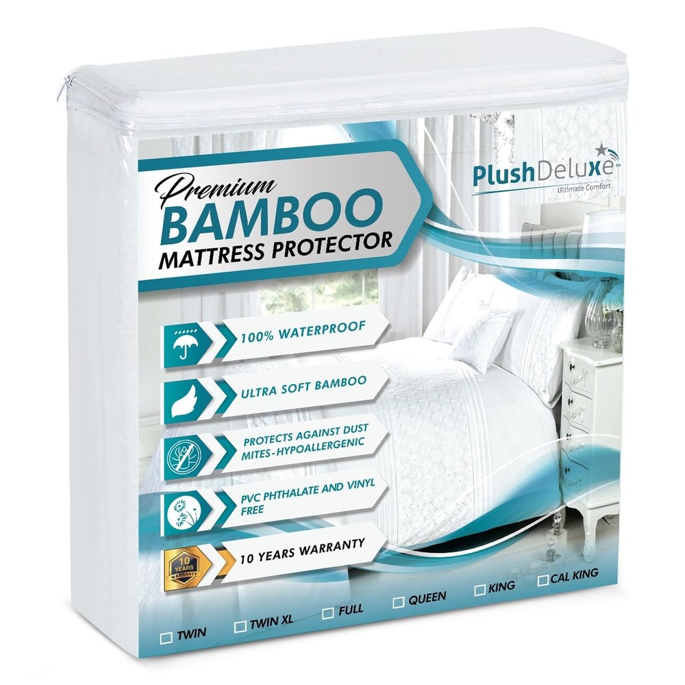 PlushDeluxe Full Size Bamboo Mattress Protector Waterproof Ultra Soft Hypoallergenic