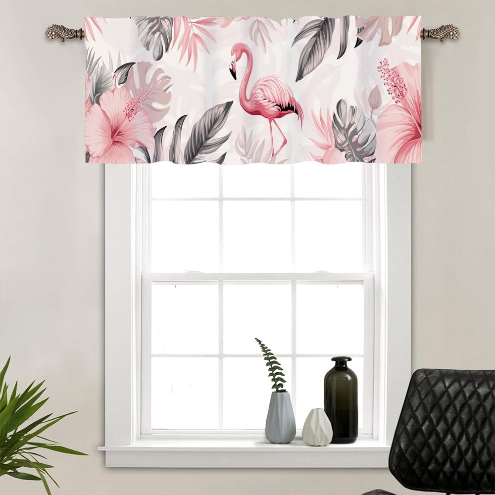 1 Panel Tropical Flamingo Floral Window Valances, Nature Pink Art Window Trea...