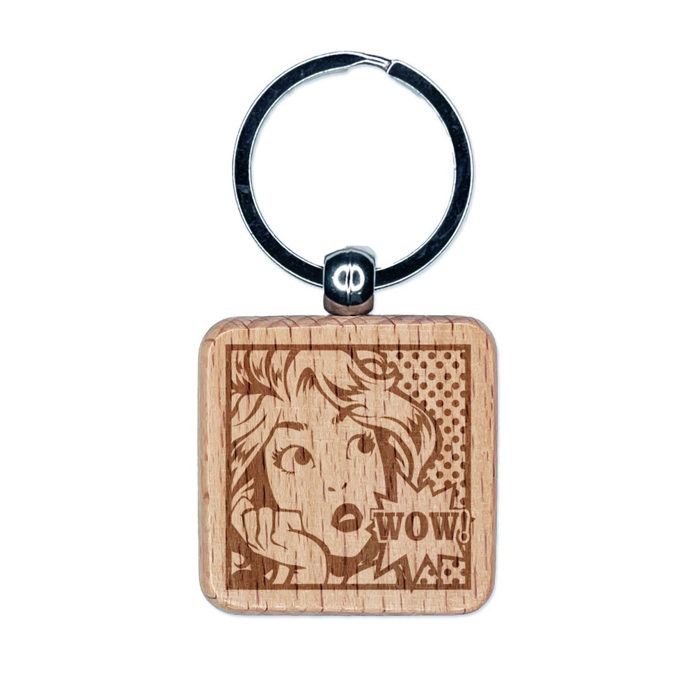 Wow Vintage Comic Pop Art Engraved Wood Square Keychain Tag Charm