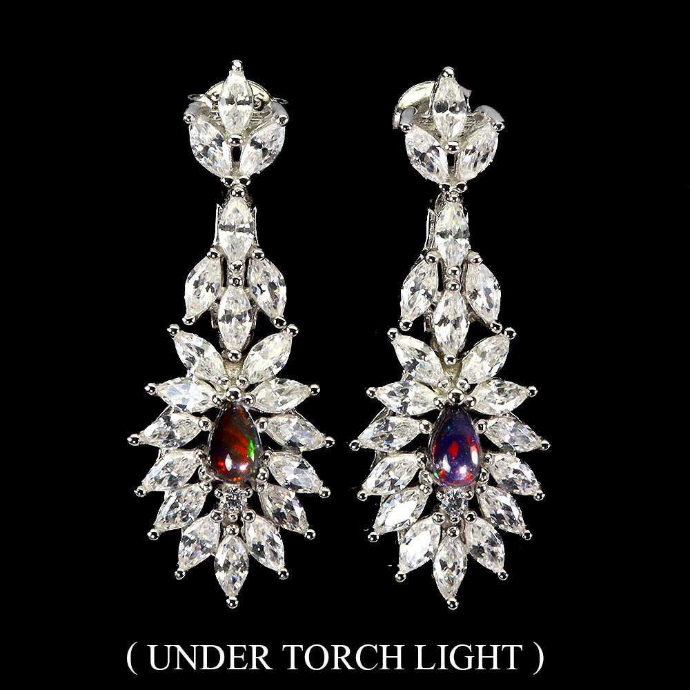 Valentine 925 Silver Earrings Pear Black Opal Natural Gemstone Jewelry