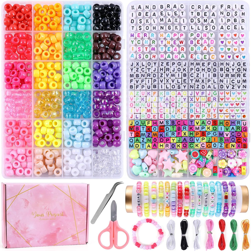 1500-Piece 24-Color Pony Bead Bracelet Making Kit for Friendship Crafts