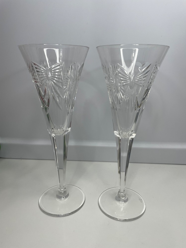 a pair Waterford Crystal Millennium Champagne Flute Glass Happiness 9.25
