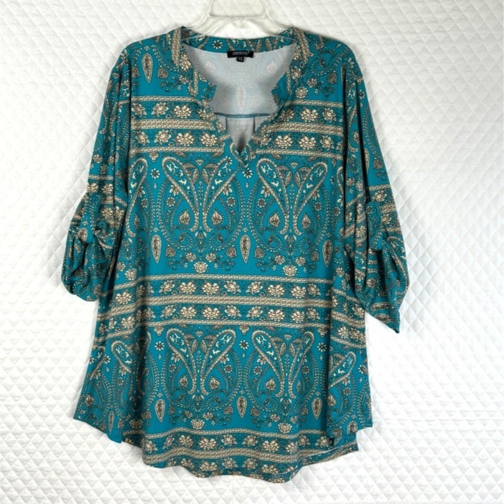 Womens 3X Bohemian Paisley Print Tunic Turquoise Casual Feminine Romantic Art