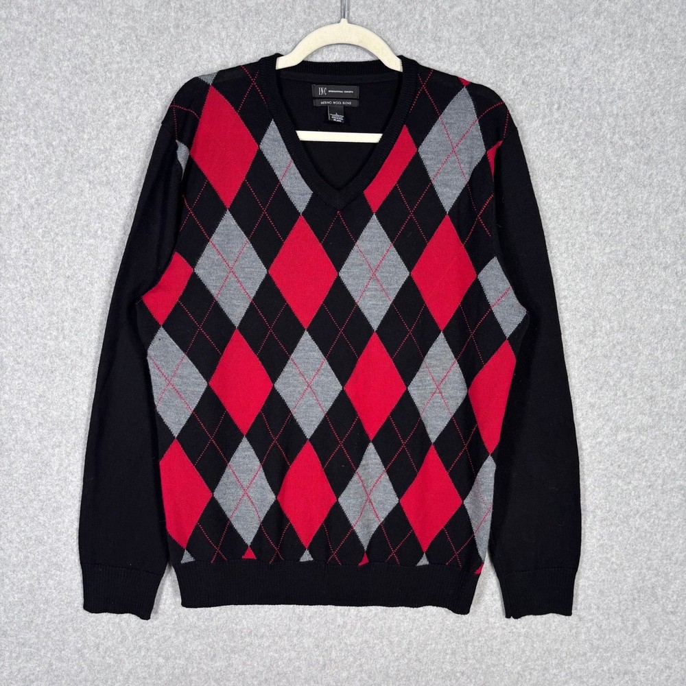 INC International Concepts Argyle Merino Wool Mens Sweater Large Black Red Grey