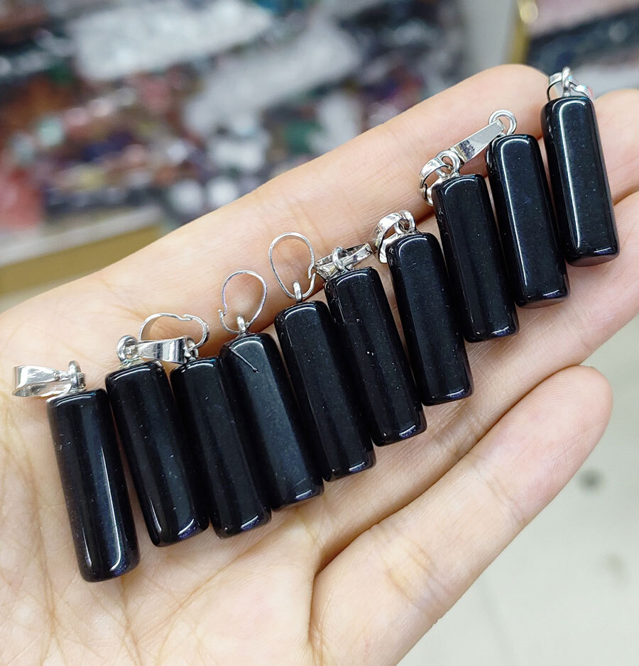 10pcs Natural Obsidian Gems Cylinder Pendants Amulet stainless steel