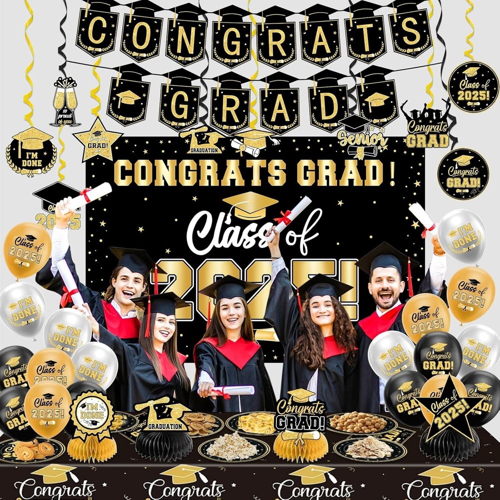 Graduation Decorations 2025-Black and Gold Graduation Party Decorations Supplies