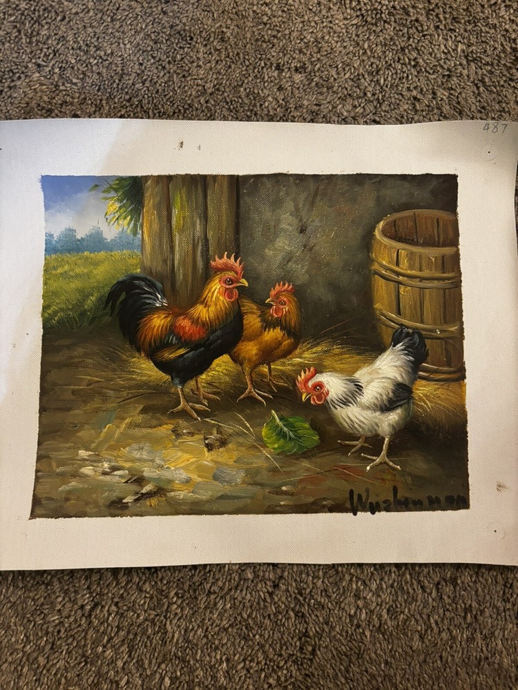 Chickens Bird Real Oil Painting On Canvas Background 9”x11”