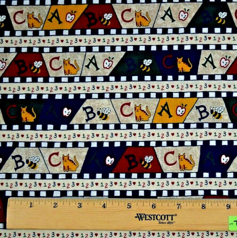 Back to School ABC's,123's Cat VTG Cotton Fabric FQ (18 inches X 22 inches)-image