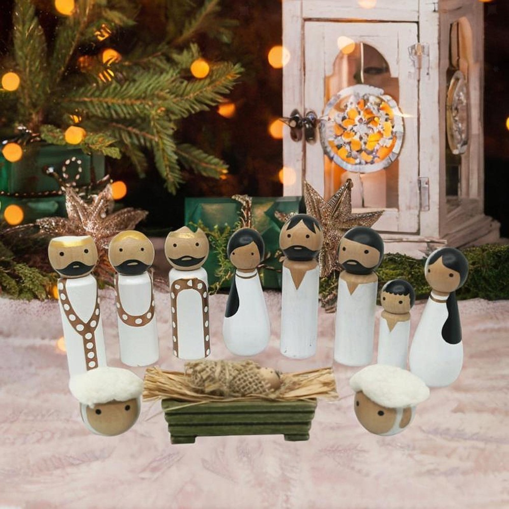 Wood Tabletop Ornament Gift Nativity Scene Statue Set for Bedroom Home Party