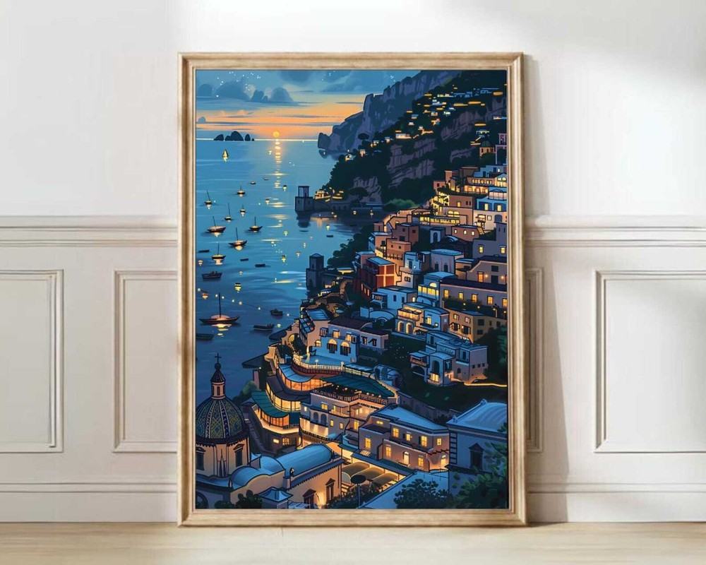 Positano At Night Print Amalfi Print Positano Illustration Positano Travel