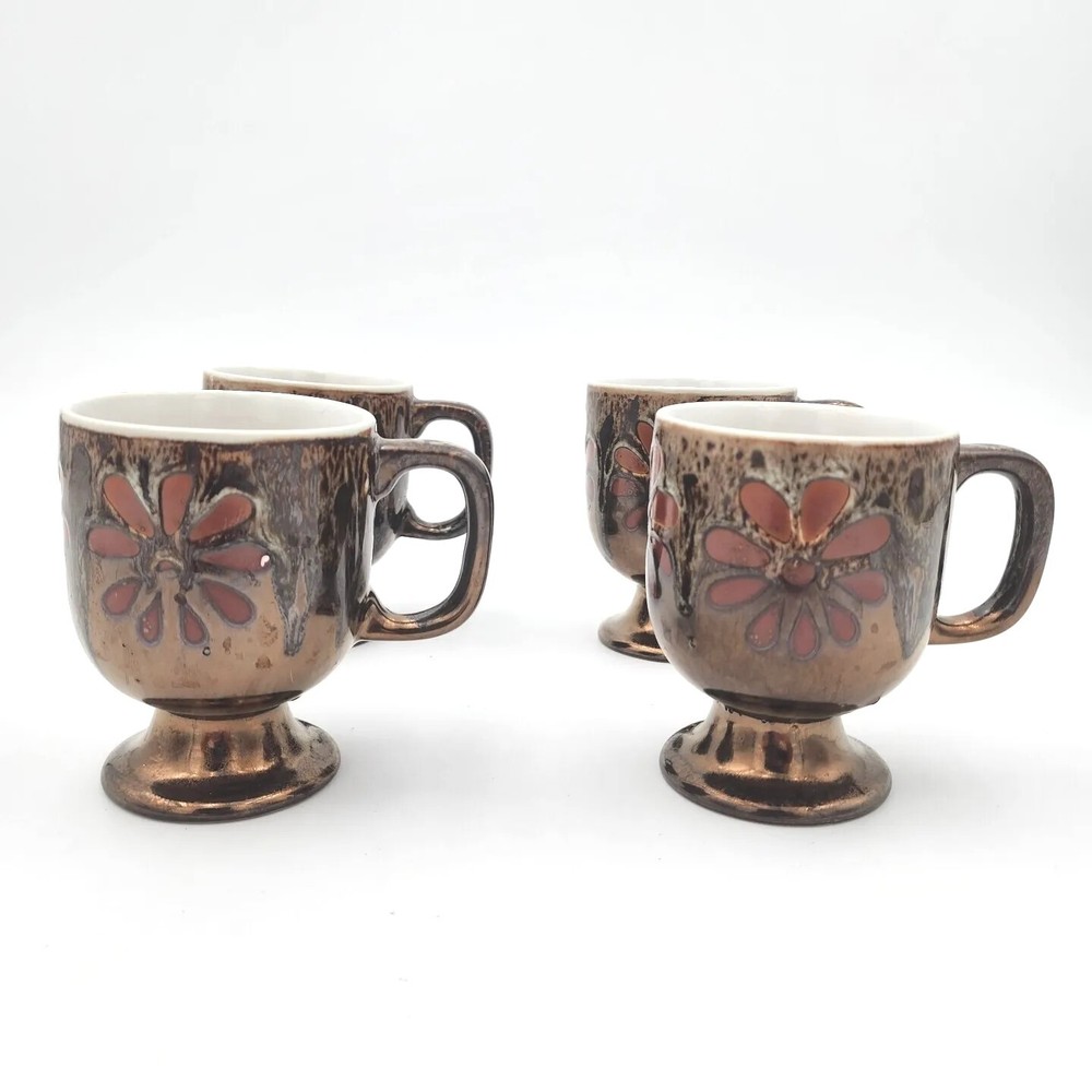 Coffee Mugs Cup Ceramic Footed Pedestal Glazed Daisy Flower Mid-Century Set Of 4