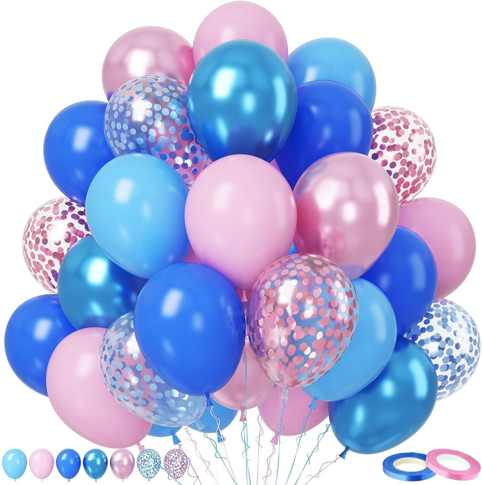 Pink and Blue Balloon Set - 50Pcs 12 Inch Pastel Confetti, Royal and Metallic Ba