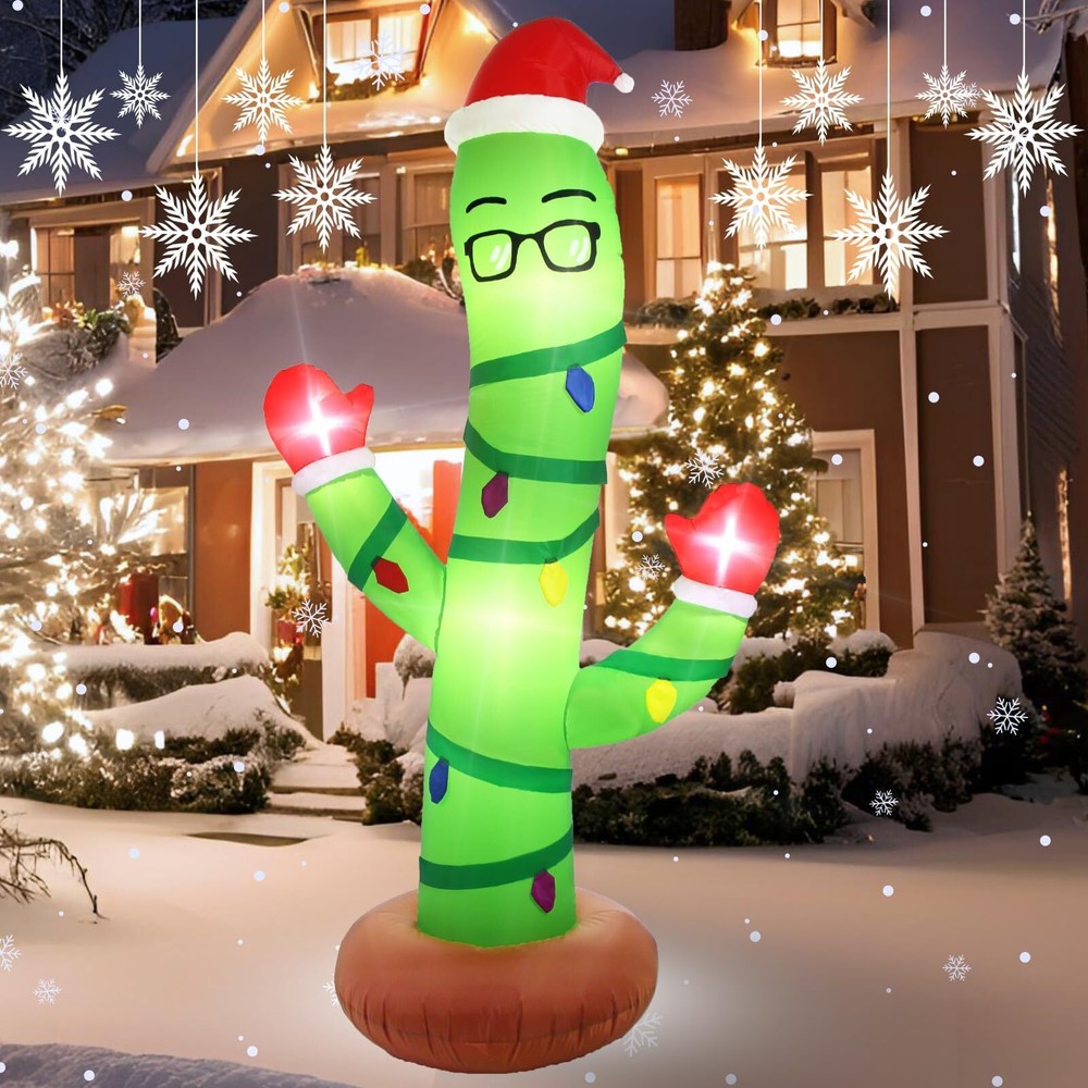 7 Ft Christmas Inflatables Outdoor Decorations Blow up Cactus with LED Lights...