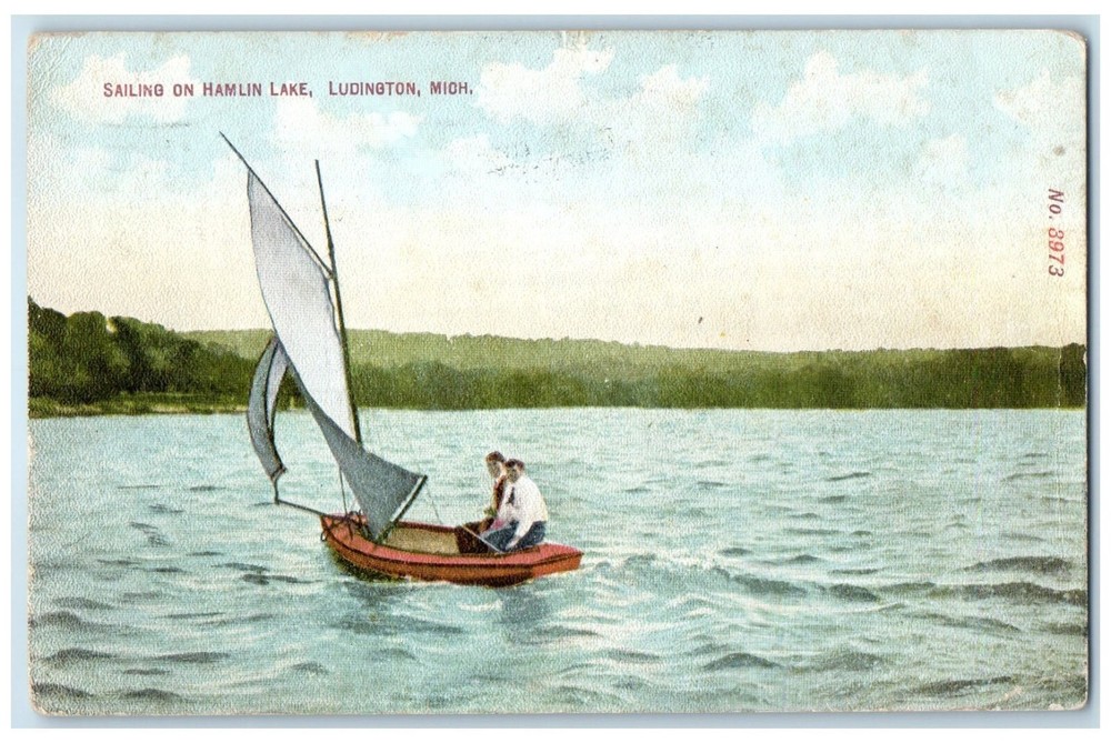 1910 Men Sailing On Hamlin Lake Ludington Michigan MI Posted Antique Postcard