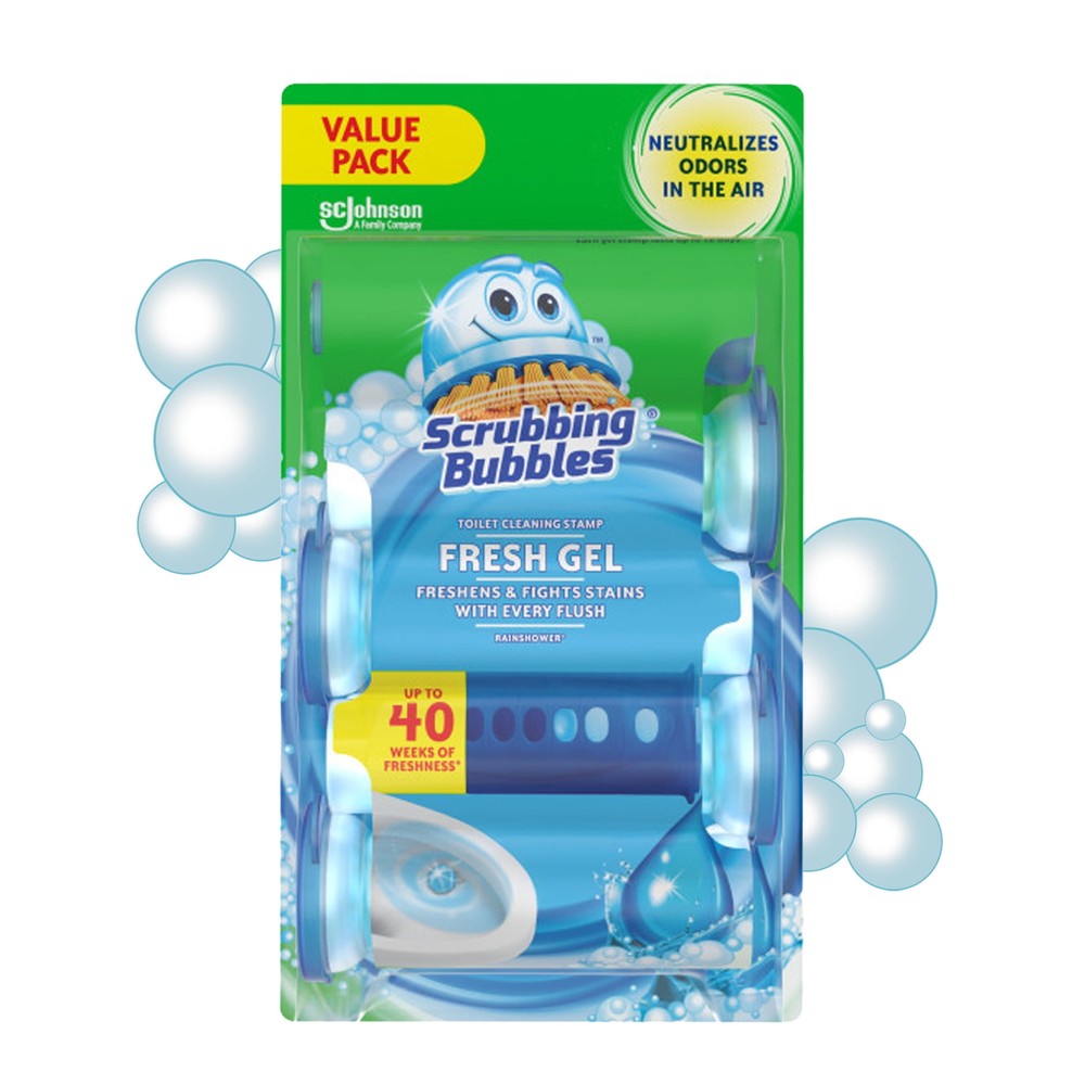 Bubbles Fresh Gel Toilet Cleaning Stamp with Rain Shower Dispenser and 4 Refills