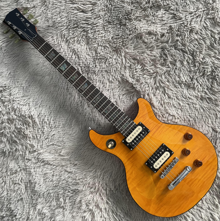Custom Tak DC Electric Guitar Yellow Flamed Maple Top H-H Pickups Fast Delivery