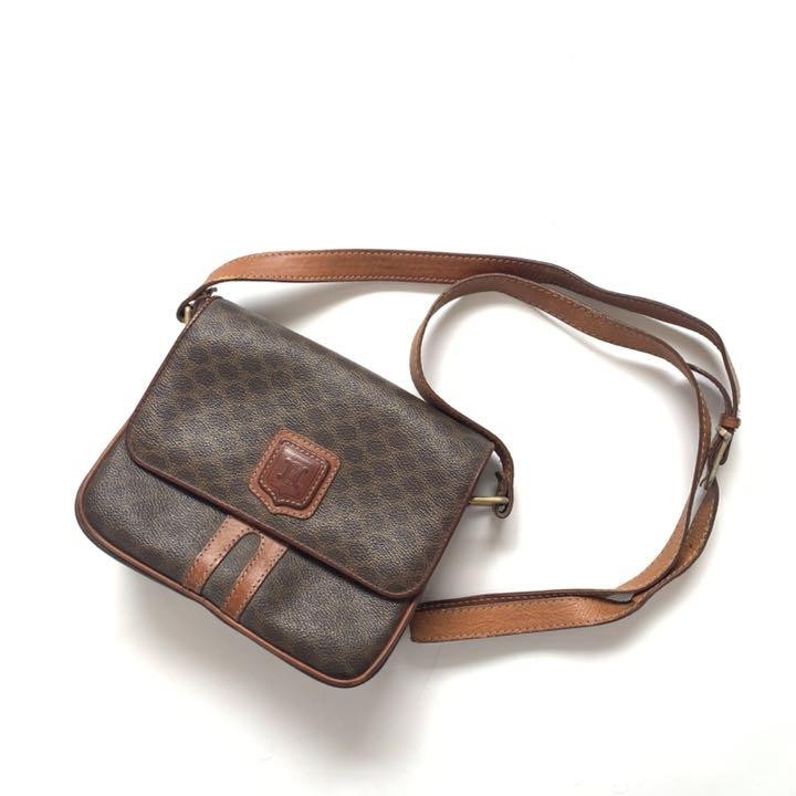 CELINE Macadam Pattern Shoulder Bag Retro Brown leather Cross body logo Women