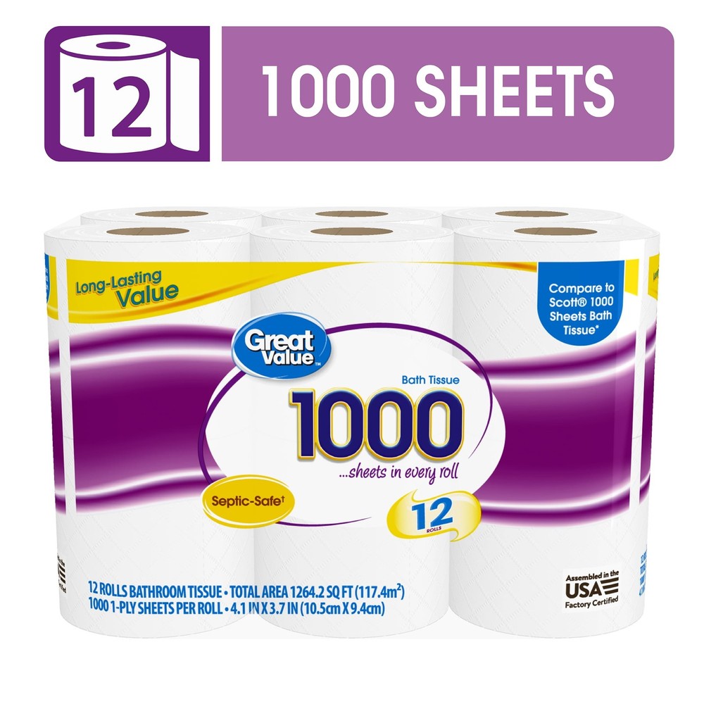 Great Value 12-Roll Toilet Paper 1000 Sheets, Compare to Scott® 1000 Bath Tissue