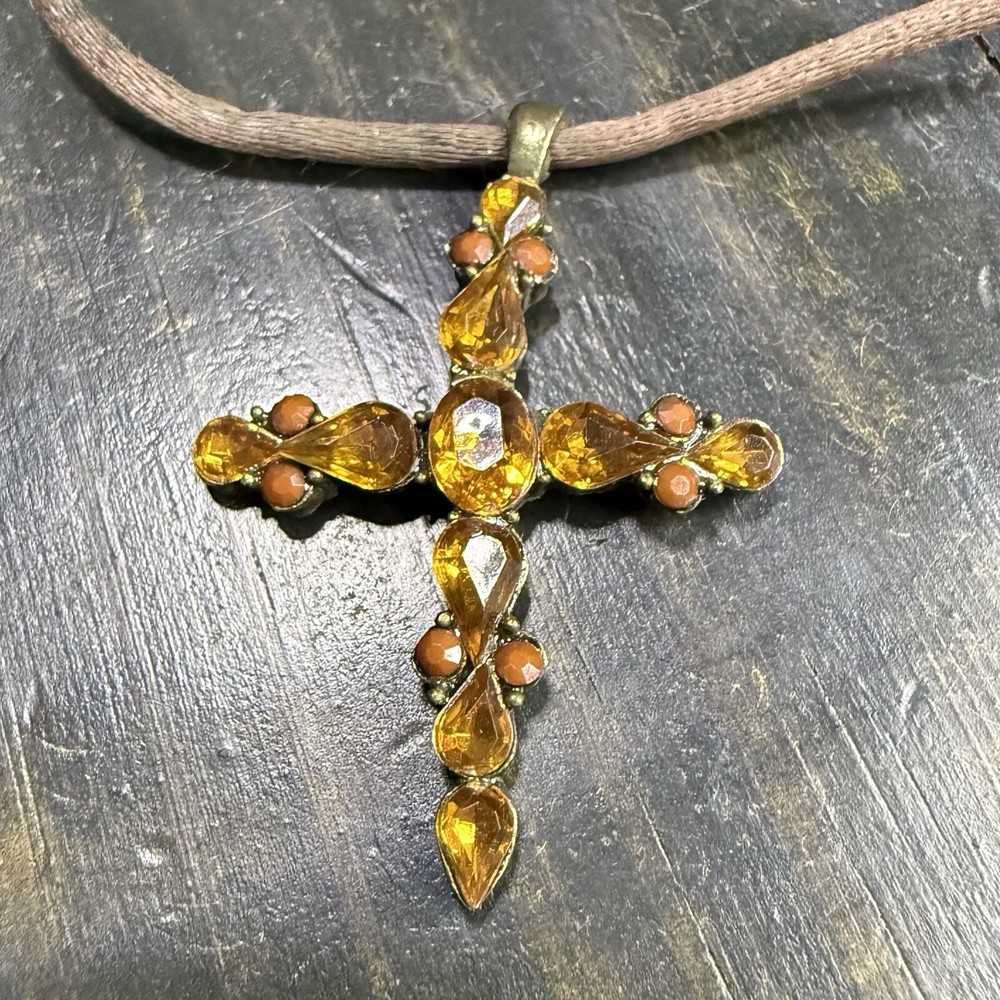 Robert Rose Amber Citrine Synthetic Stone Cross Pendant Fabric Cord Necklace