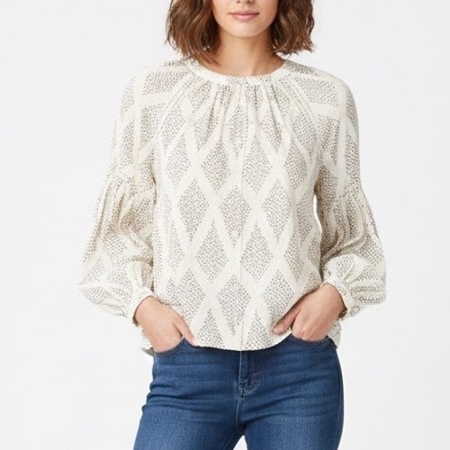 Madewell Shirred Blouse Women's Medium White Geometric Print Balloon Sleeve