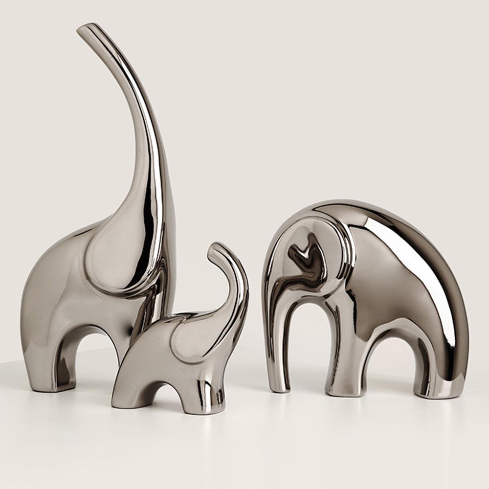 Figurine Set 3 Animal Elephants Silver Modern Ceramic Home Decor Small Smooth