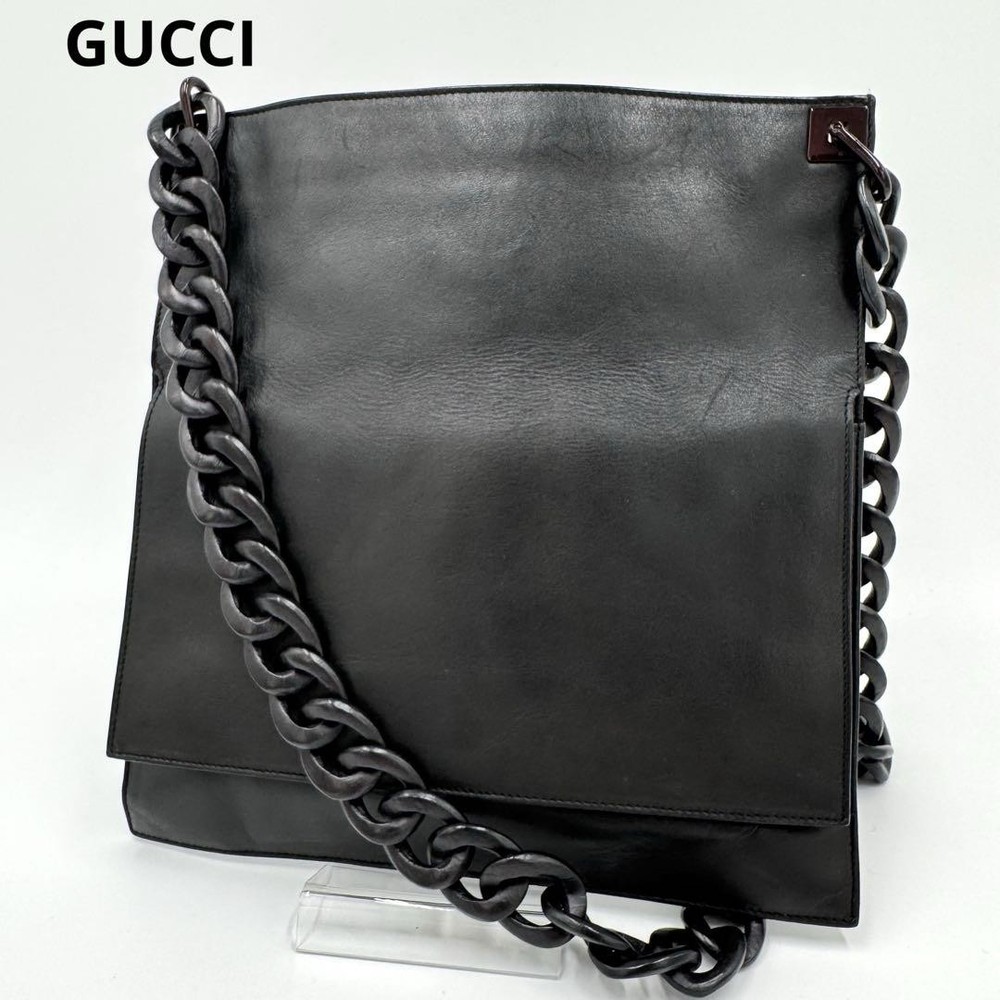 Gucci Wood Chain Leather Crossbody Shoulder Bag Sacoche