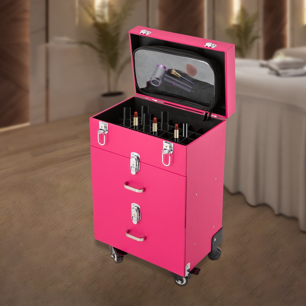 Rolling Makeup Train Case Cosmetic Trolley Luggage Box Makeup Storage Organizer