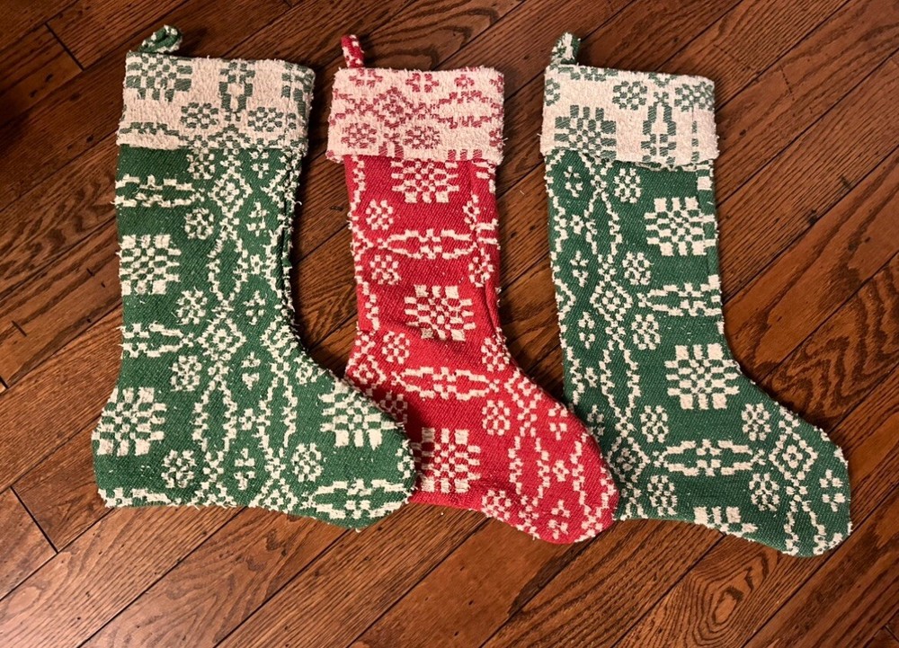 Primitive Early American Nordic Coverlet Christmas Stockings Red Green