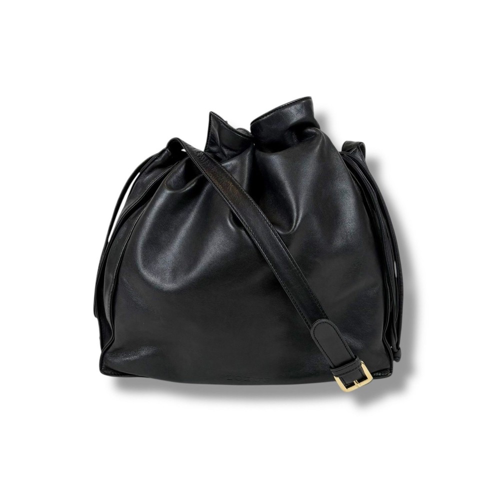 LOEWE Flamenco Black Nappa Leather Shoulder Bag Drawstring Vintage Authentic