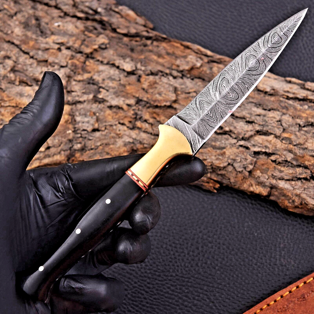 CUCHILLO BOTA DE CAZA DE ACERO DAMASCO FORJADO HECHO A MANO PERSONALIZADO CON FUNDA DE CUERO 871