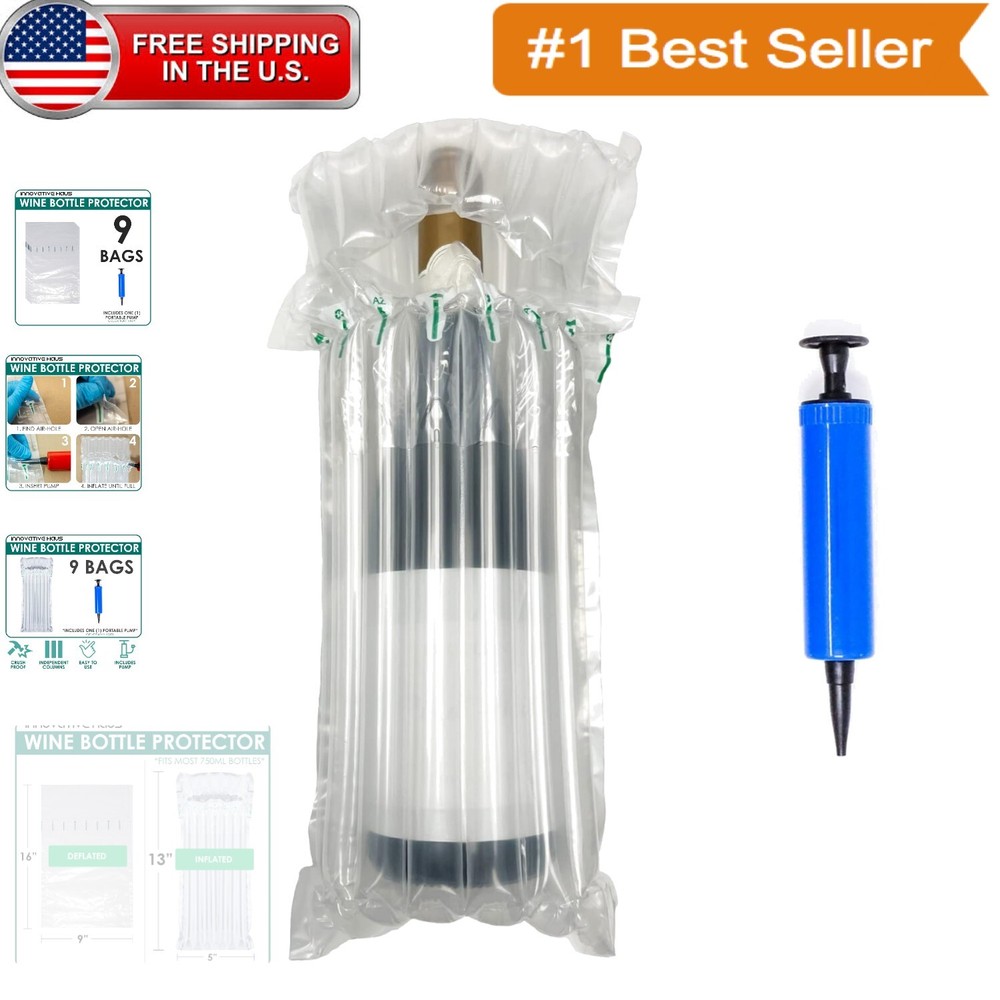 Clear Inflatable Wine Bottle Bags - 9 Pack with Hand Pump for Travel Security