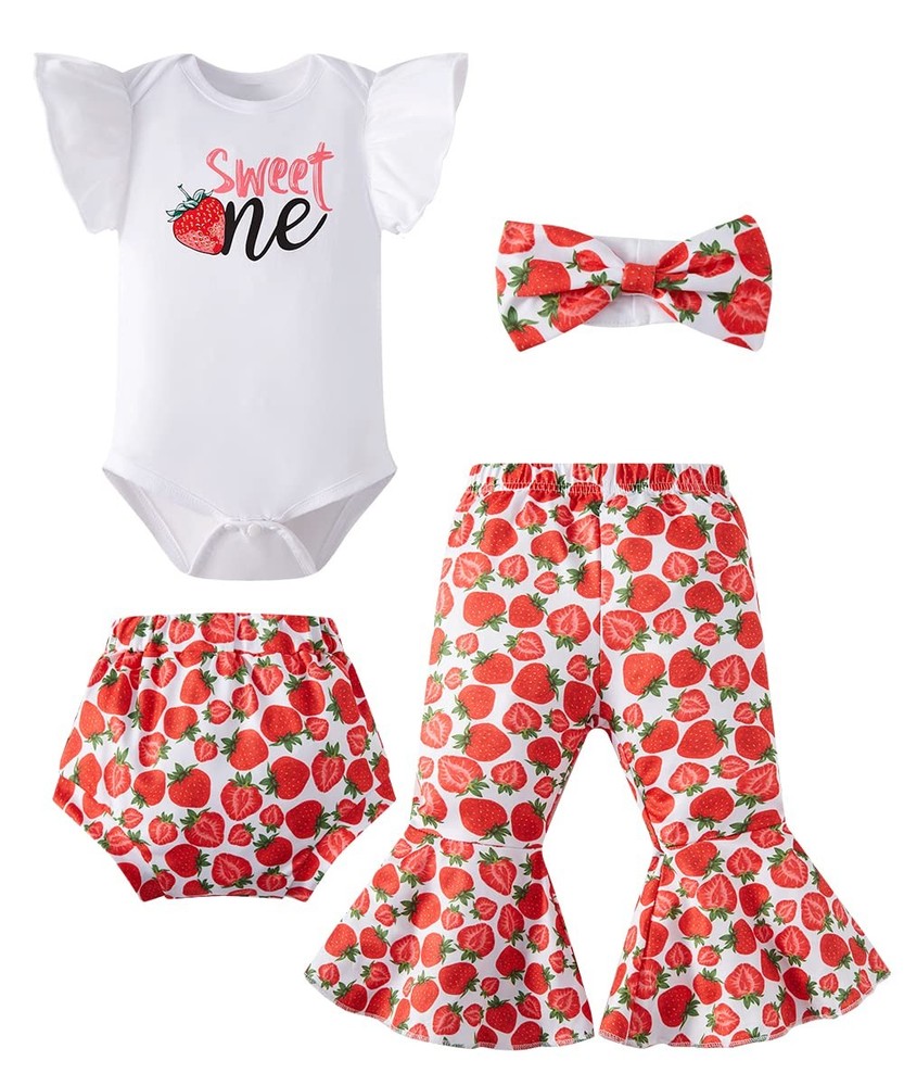 Baby Girls First Birthday Outfits Sweet Strawberry Romper Flared Pants with H...