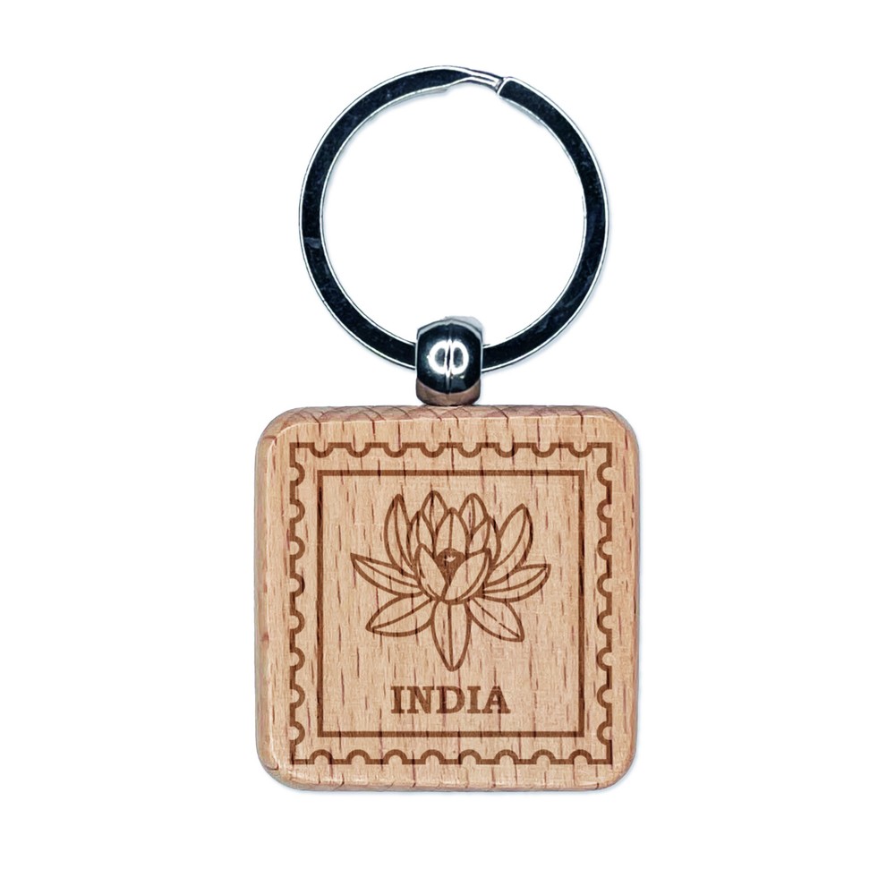 India Lotus Flower Engraved Wooden Keychain Travel Souvenir Charm  
