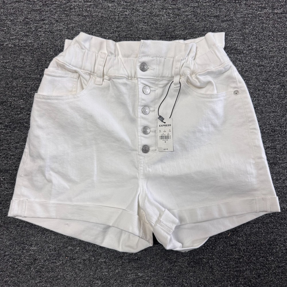 EXPRESS Super High Rise Shortie Button Shorts Womens Sz M White NWT NEW