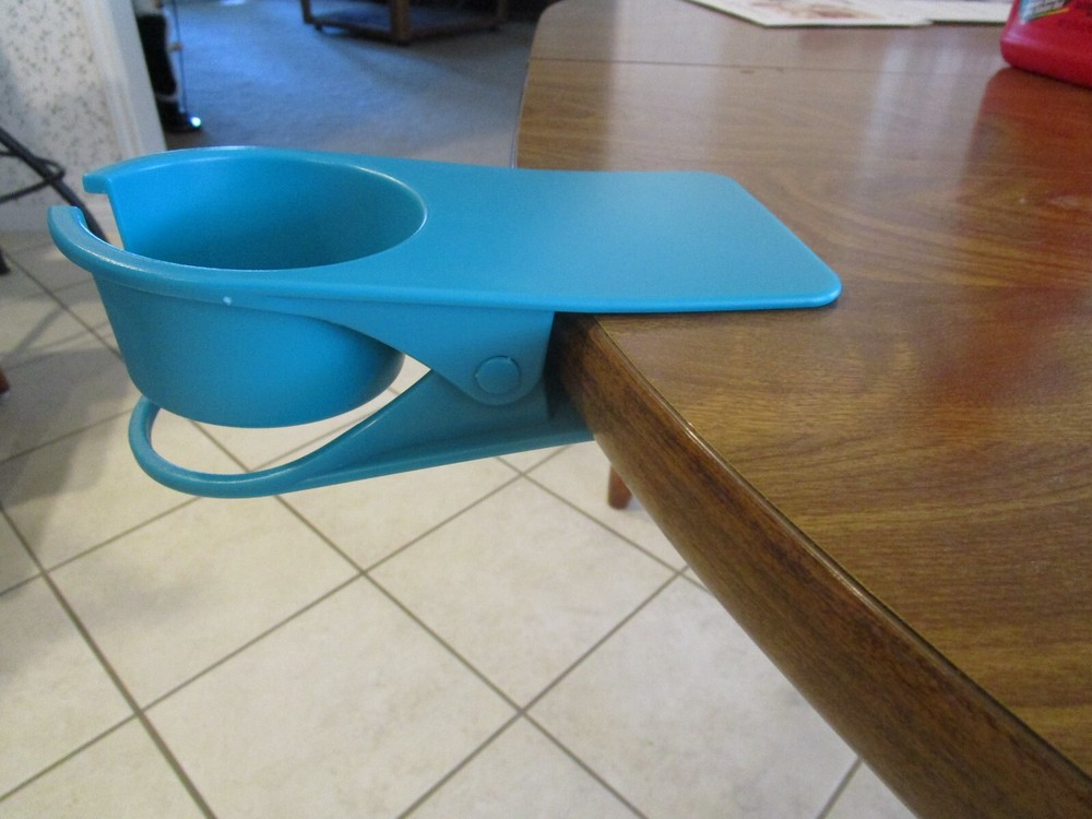 NIB ~ Heavy Duty Blue Drink Holder ~ Desk or Lounger ~ Edge Side Clamps on Desk