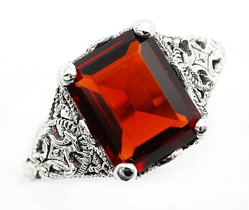 2CT Natural Fire Garnet 925 Sterling Silver Art Nouveau Ring Size 8