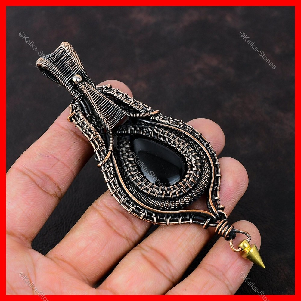 Mother's Day Deal Natural Black Onyx Wire Wrapped Copper Pendant Jewelry-image