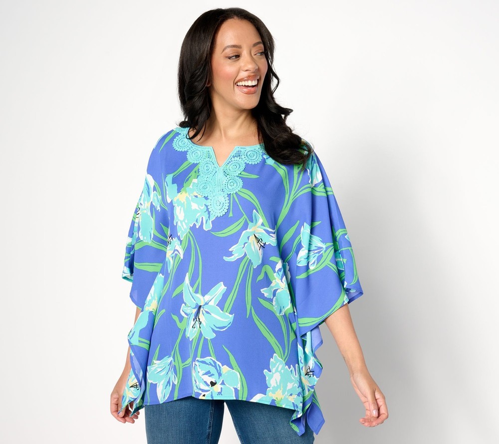 Quacker Factory Women's Top Sz XS Iris Beauty and Lace Butterfly Blue A640088