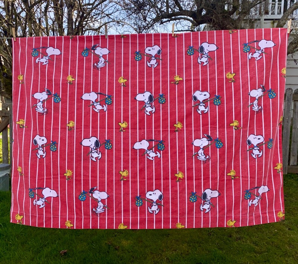 Vtg Utica Hobo Snoopy & Woodstrip Peanuts Twin Flat Sheet Red White Stripes  