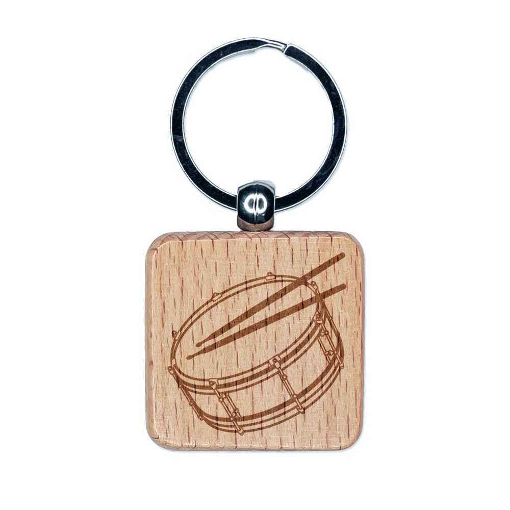 Snare Drum Percussion Musical Instrument Engraved Wood Square Keychain Tag Charm