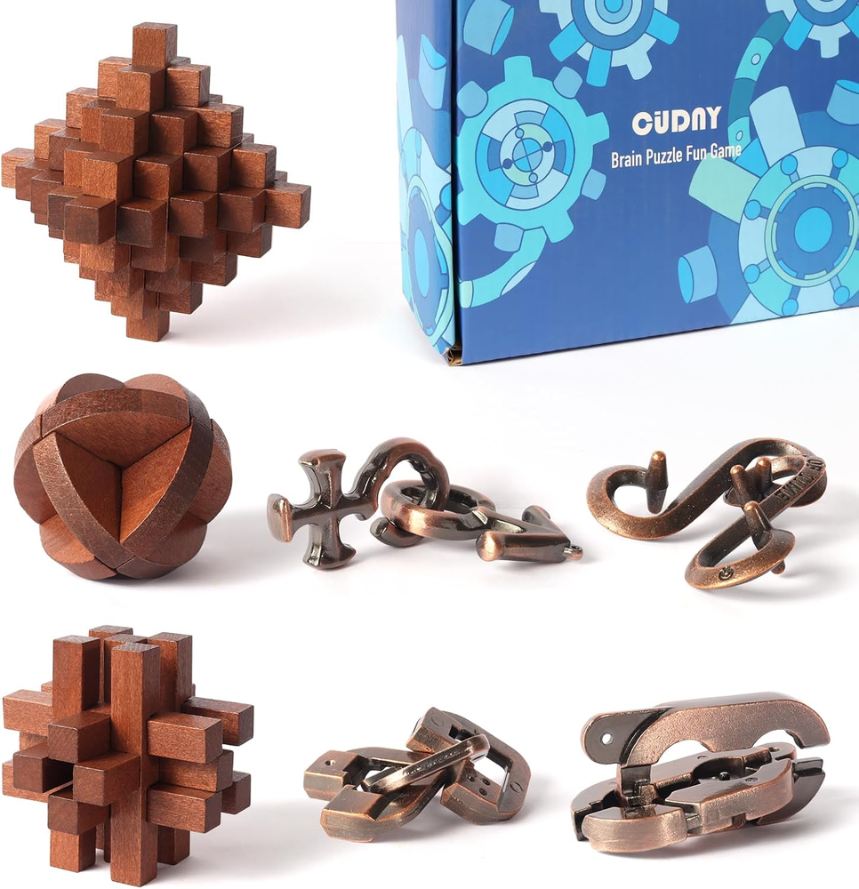 7 Pieces Unlock Interlock Brain Teaser Games Retro Wooden and Metal Puzzles IQ L