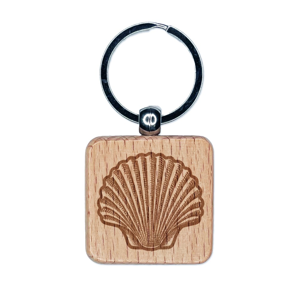 Scallop Seashell Wood Keychain with Beach Engraving