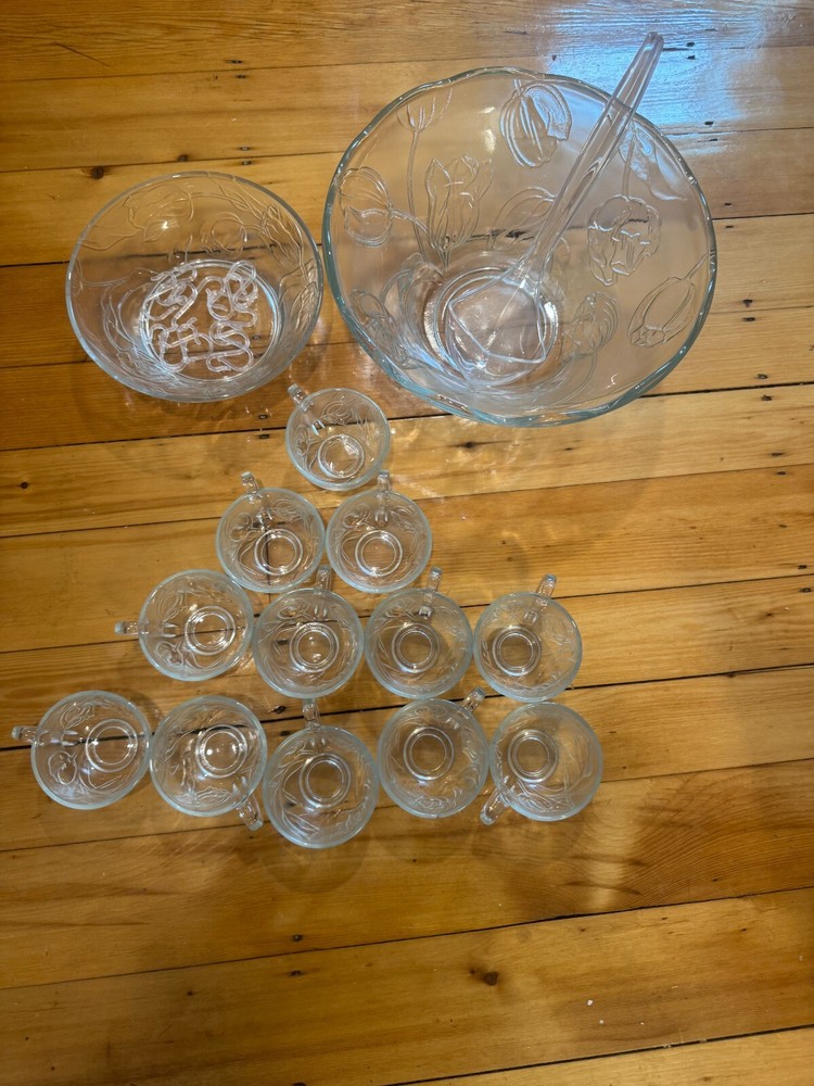 27pcs Vintage Pressed Glass Tulip Punch Bowl Set with Original Box