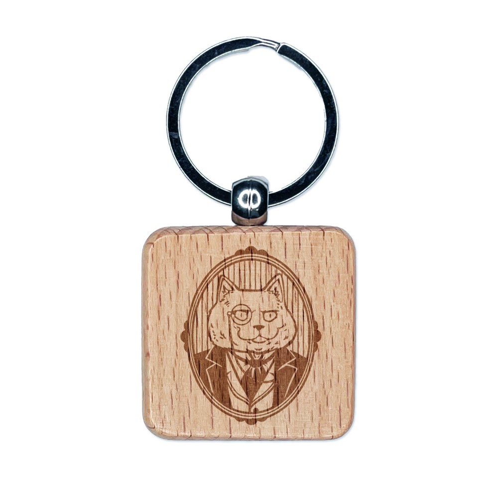 Victorian British Shorthair Cat Engraved Wooden Square Keychain Charm  