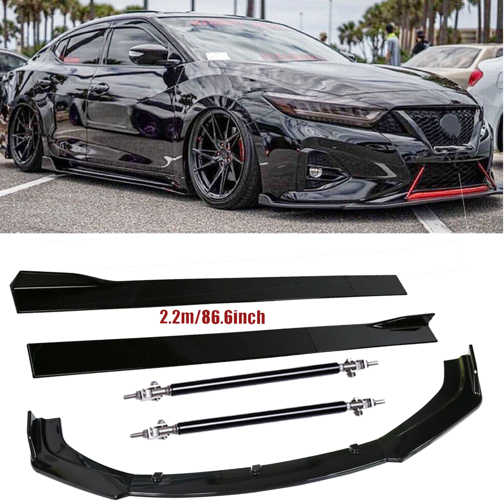 Front Bumper Lip Splitter Spoiler Strut Rods For Nissan Maxima Glossy Black
